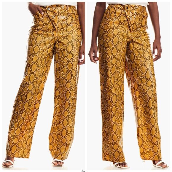 MISSGUIDED Yellow Snake Python Animal Printed Faux Leather High Waist Pants - Picture 1 of 7